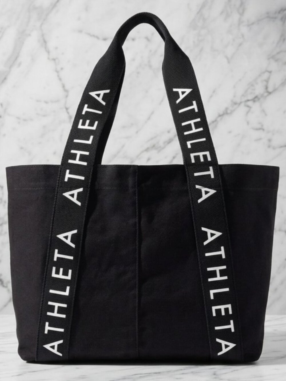 NWT Athleta Logo Canvas Tote Bag Black Webbed Shoulder Strap Carryall Gym Travel